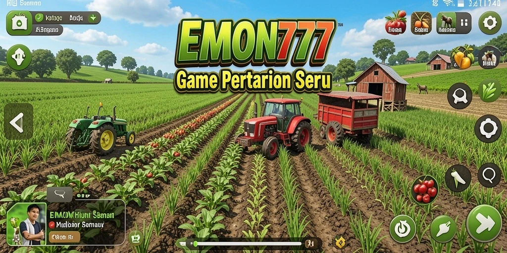 Screenshot gameplay EMON777 yang menampilkan ladang penuh warna.