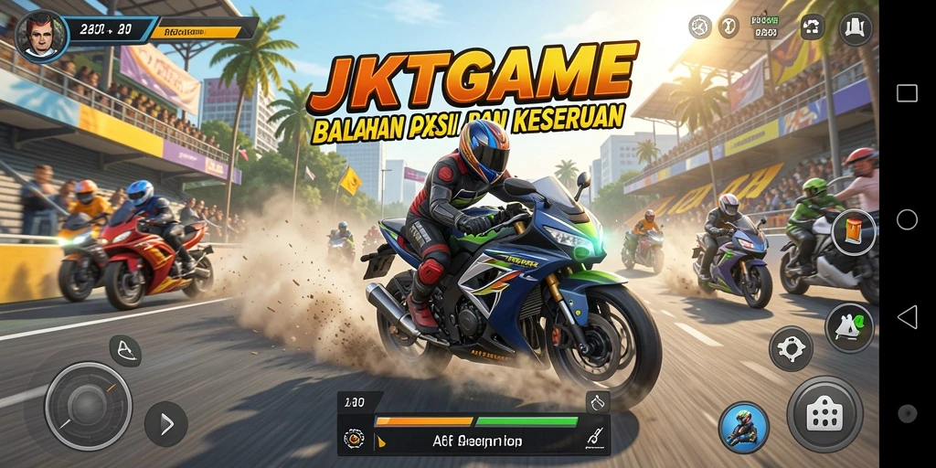 Tangkapan layar gameplay JKTGAME menampilkan balapan motor yang seru dan penuh aksi.