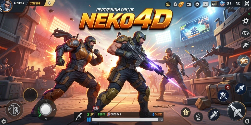 Screenshot gameplay NEKO4D menampilkan pertempuran intens di arena Battle Royale.