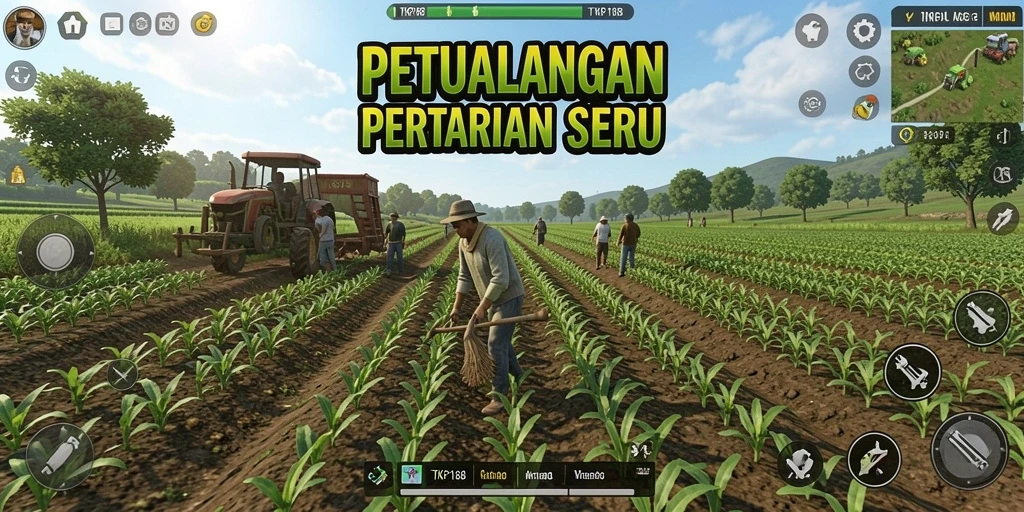 Tampilan gameplay TKP188 dengan kebun yang subur dan hewan yang lucu.